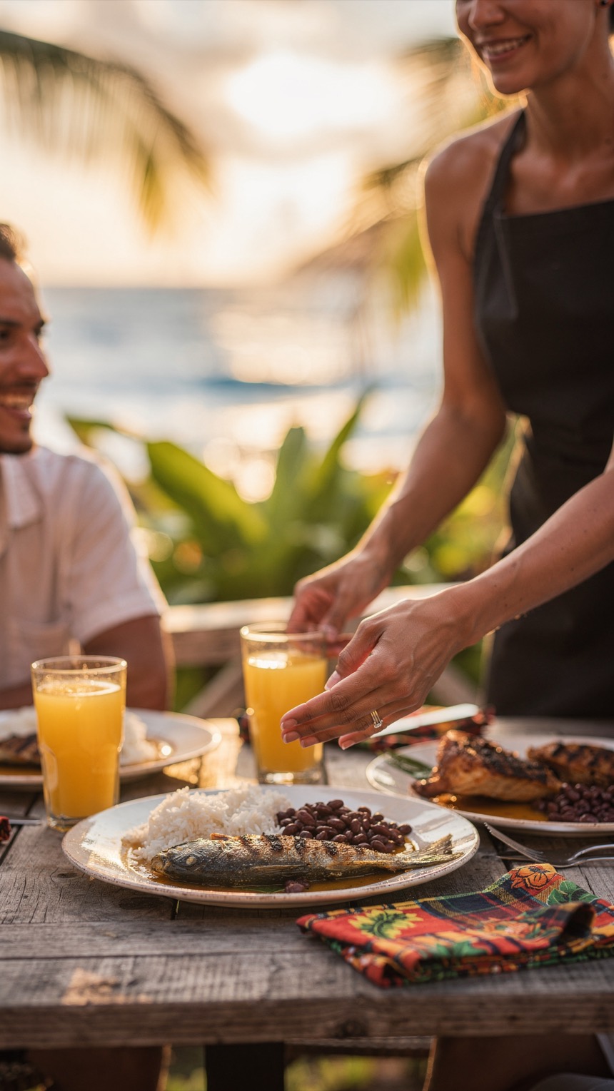 Sur une terrasse au bord de la mer, une serveuse pose un poisson grillé devant un client.