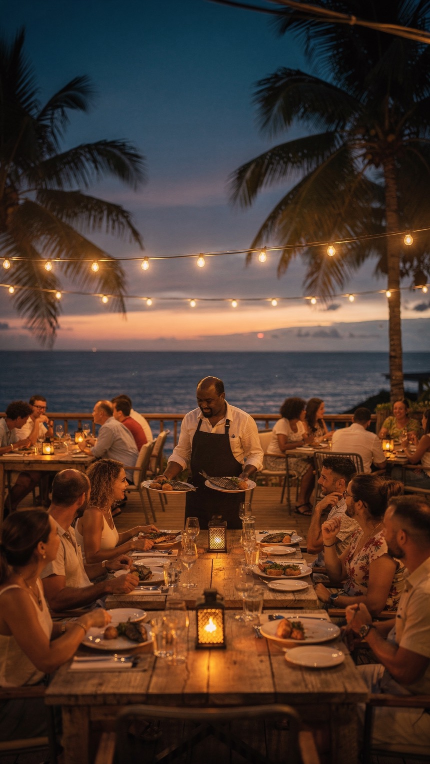 Une terrasse de restaurant pleine au coucher du soleil : un serveur passe entre les tables avec des assiettes.